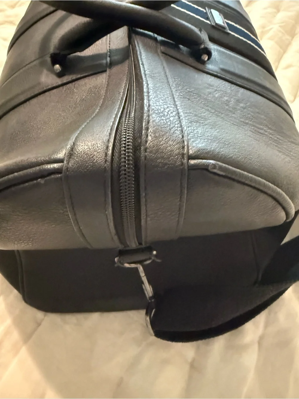 Ted Baker Black Leather Weekender Duffel Bag with Navy Stripe